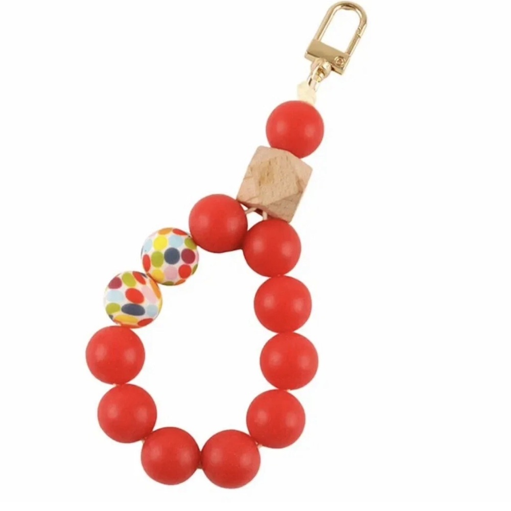 New Colorful Beaded Keychain Wristlet Red Wooden Polka Dot Bracelet Clip Charm